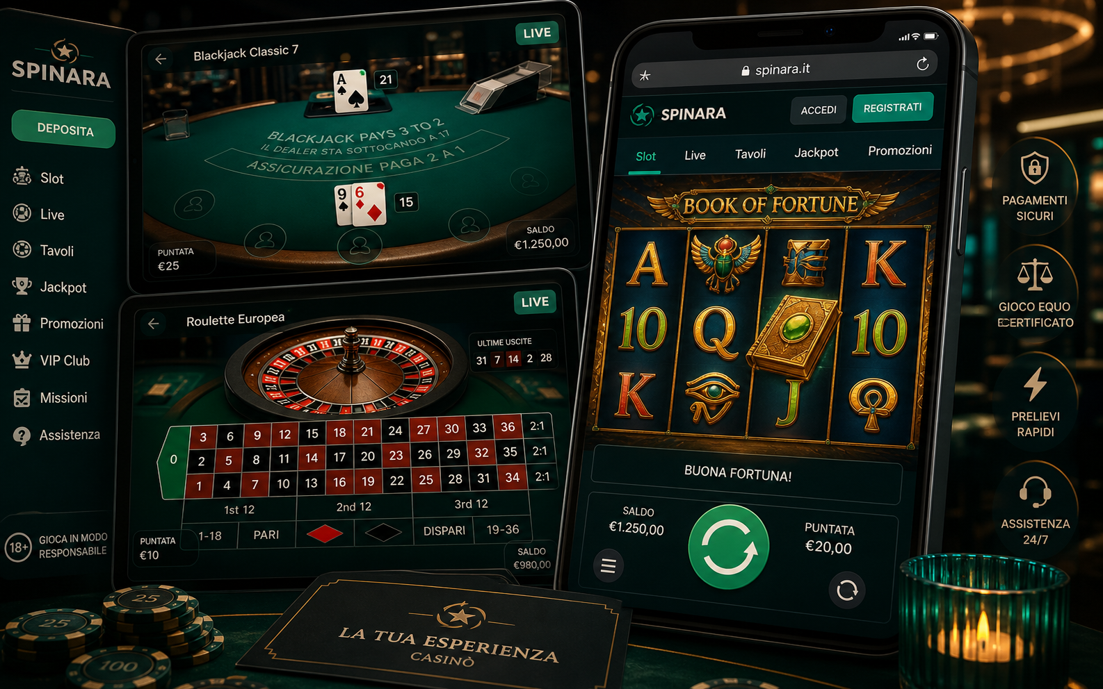 Live casino e slots separati per percorso utente.